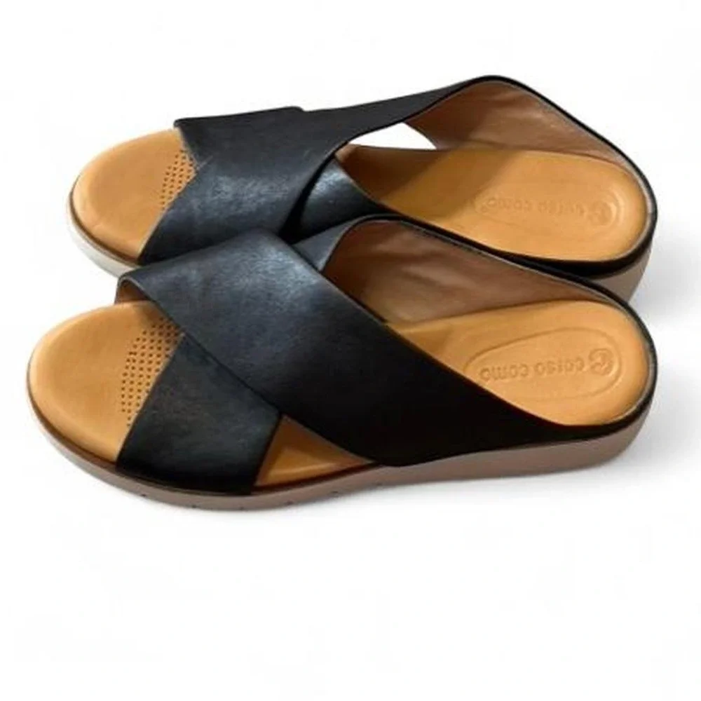 Corso Como Bruna‎ Black Leather Criss Strap Platform Wedge Sandals, Women's 8.5